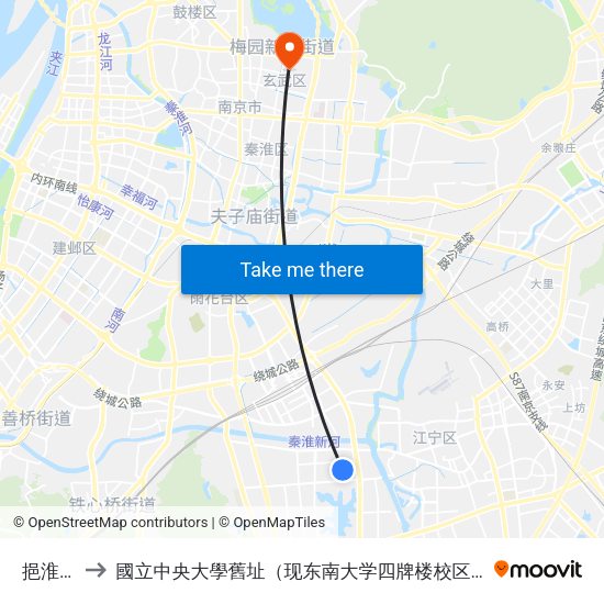 挹淮街 to 國立中央大學舊址（现东南大学四牌楼校区） map