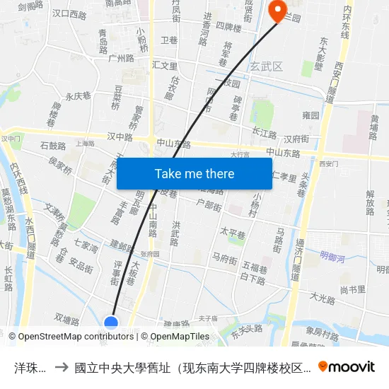 洋珠巷 to 國立中央大學舊址（现东南大学四牌楼校区） map