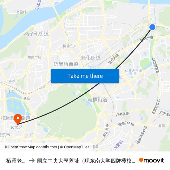栖霞老街 to 國立中央大學舊址（现东南大学四牌楼校区） map