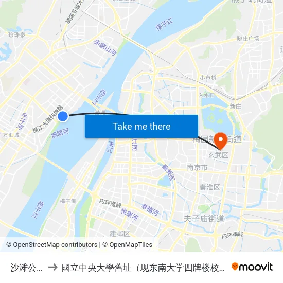 沙滩公园 to 國立中央大學舊址（现东南大学四牌楼校区） map