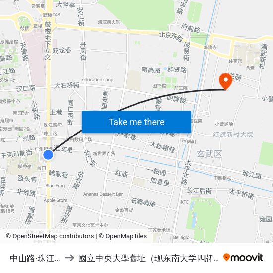 中山路·珠江路南 to 國立中央大學舊址（现东南大学四牌楼校区） map