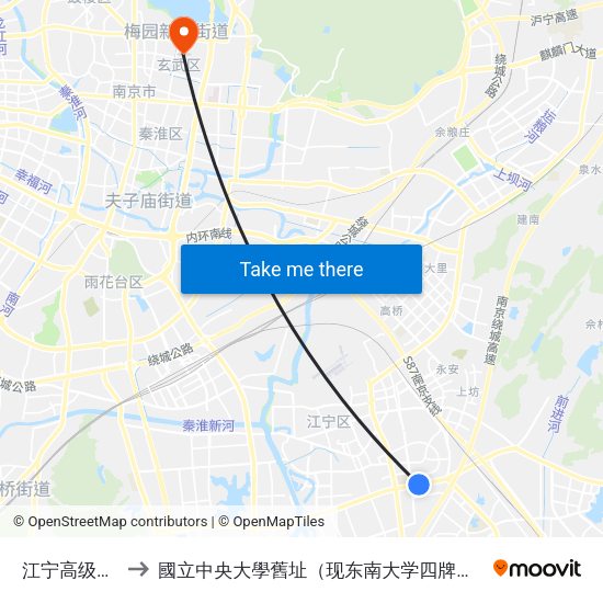 江宁高级中学 to 國立中央大學舊址（现东南大学四牌楼校区） map