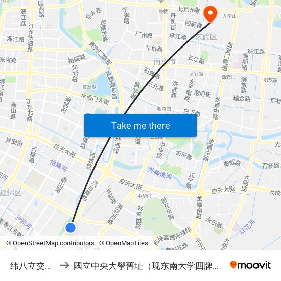 纬八立交桥南 to 國立中央大學舊址（现东南大学四牌楼校区） map