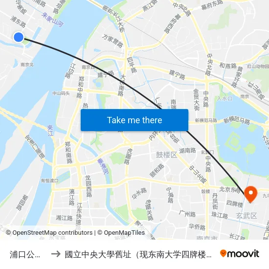 浦口公园西 to 國立中央大學舊址（现东南大学四牌楼校区） map