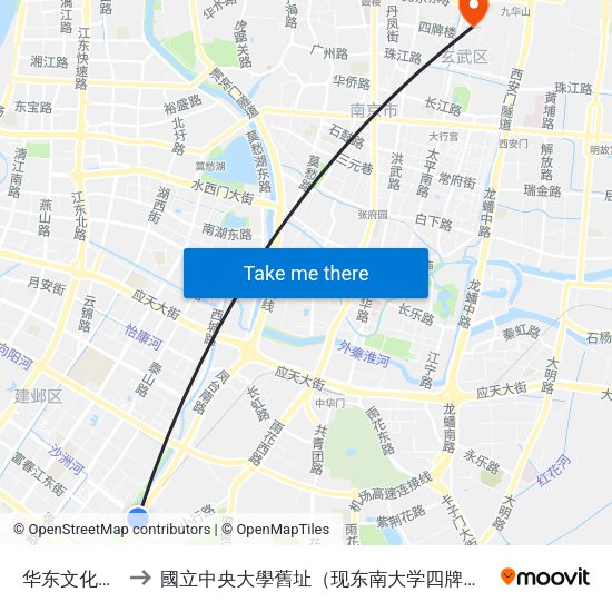 华东文化市场 to 國立中央大學舊址（现东南大学四牌楼校区） map