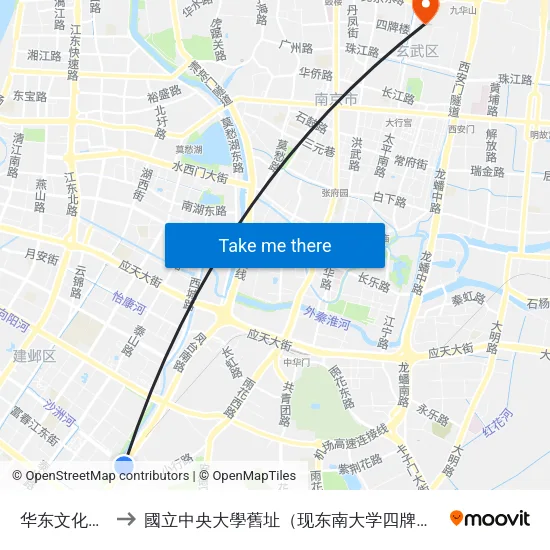 华东文化市场 to 國立中央大學舊址（现东南大学四牌楼校区） map