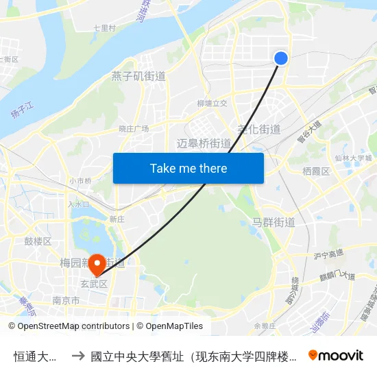 恒通大道东 to 國立中央大學舊址（现东南大学四牌楼校区） map