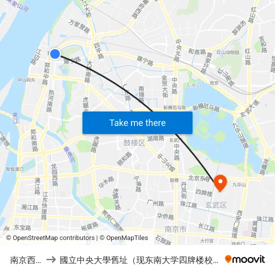 南京西站 to 國立中央大學舊址（现东南大学四牌楼校区） map