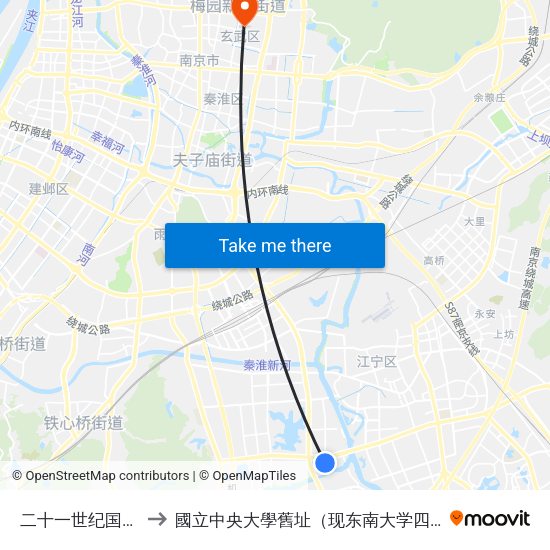 二十一世纪国际公寓 to 國立中央大學舊址（现东南大学四牌楼校区） map