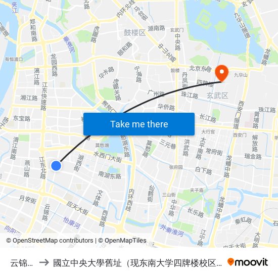 云锦路 to 國立中央大學舊址（现东南大学四牌楼校区） map