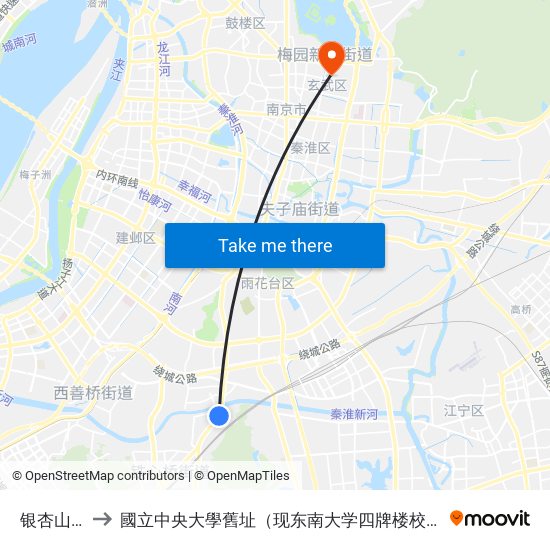 银杏山庄 to 國立中央大學舊址（现东南大学四牌楼校区） map