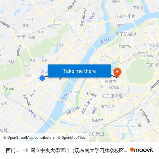 西门桥 to 國立中央大學舊址（现东南大学四牌楼校区） map