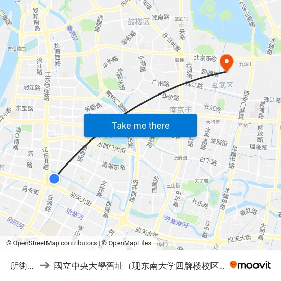 所街村 to 國立中央大學舊址（现东南大学四牌楼校区） map