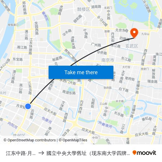 江东中路·月安街 to 國立中央大學舊址（现东南大学四牌楼校区） map