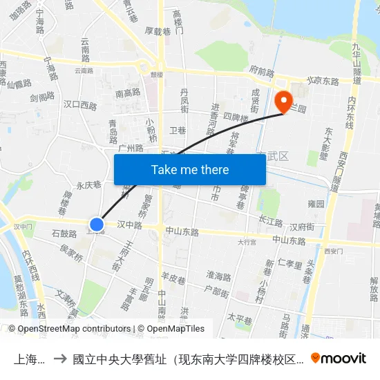 上海路 to 國立中央大學舊址（现东南大学四牌楼校区） map