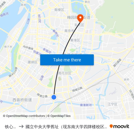 铁心桥 to 國立中央大學舊址（现东南大学四牌楼校区） map