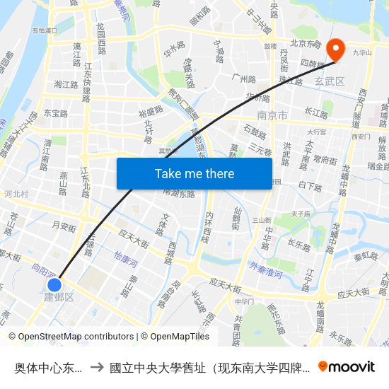奥体中心东门北 to 國立中央大學舊址（现东南大学四牌楼校区） map