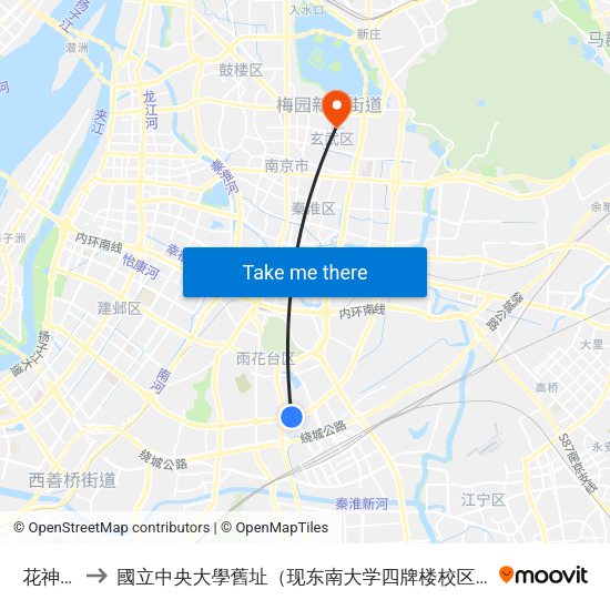 花神庙 to 國立中央大學舊址（现东南大学四牌楼校区） map