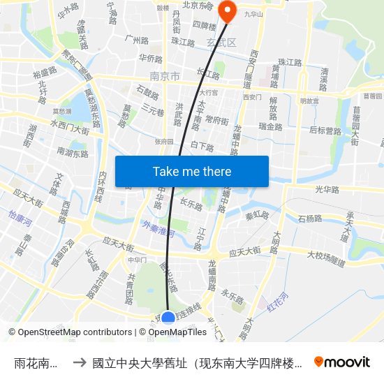 雨花南路东 to 國立中央大學舊址（现东南大学四牌楼校区） map