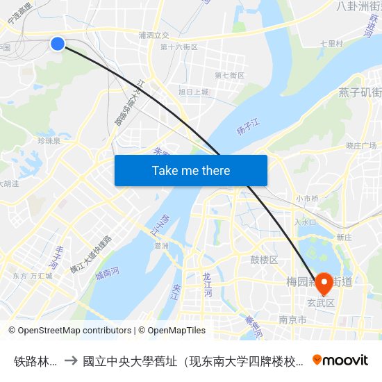铁路林厂 to 國立中央大學舊址（现东南大学四牌楼校区） map