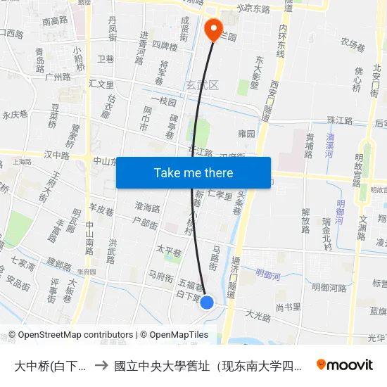 大中桥(白下路东) to 國立中央大學舊址（现东南大学四牌楼校区） map