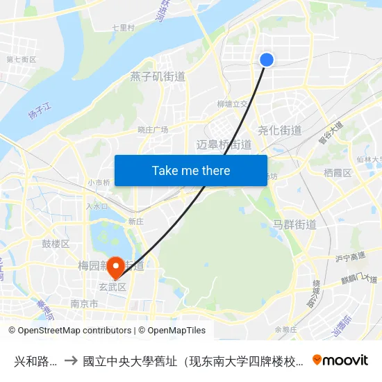 兴和路南 to 國立中央大學舊址（现东南大学四牌楼校区） map