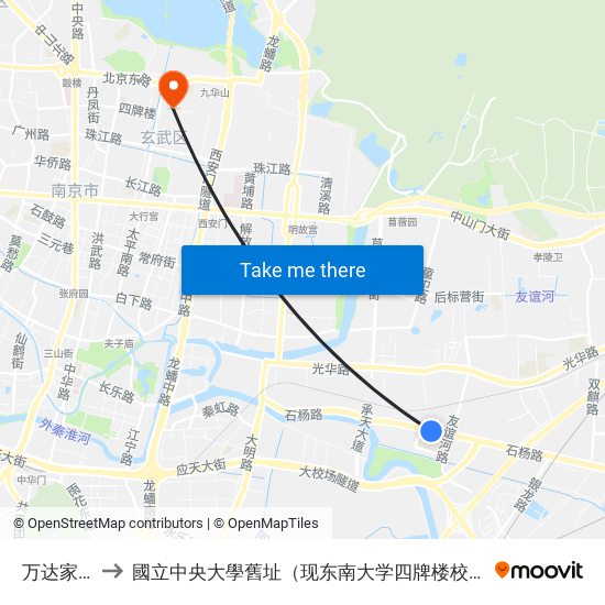 万达家园 to 國立中央大學舊址（现东南大学四牌楼校区） map