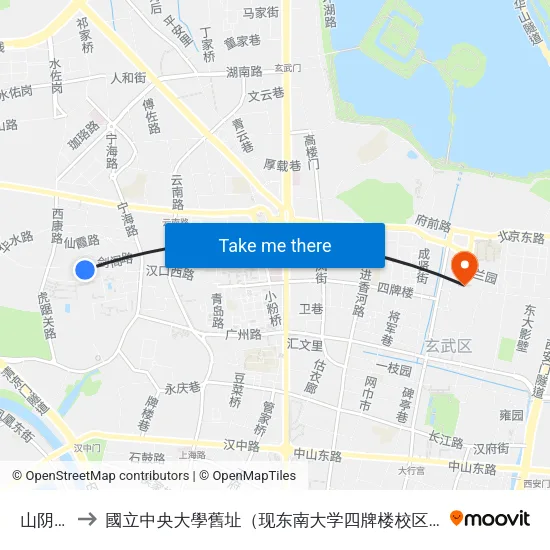 山阴路 to 國立中央大學舊址（现东南大学四牌楼校区） map