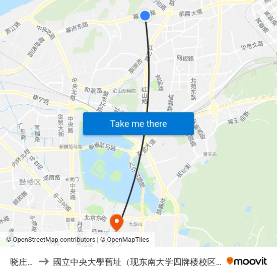 晓庄村 to 國立中央大學舊址（现东南大学四牌楼校区） map