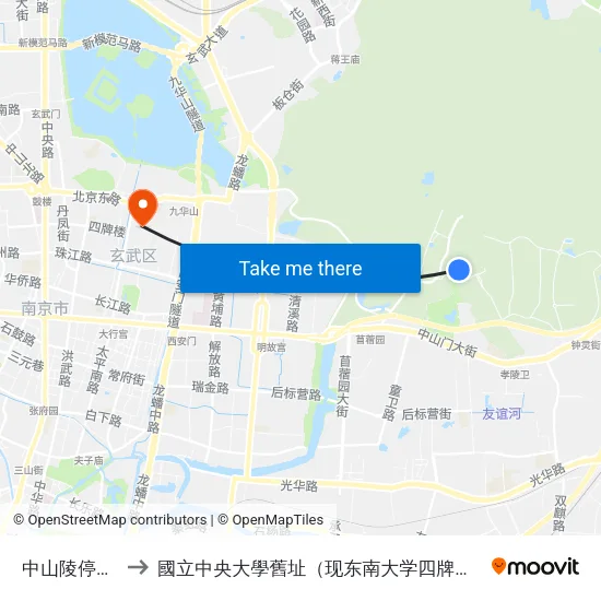 中山陵停车场 to 國立中央大學舊址（现东南大学四牌楼校区） map