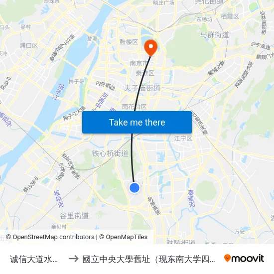 诚信大道水阁路东 to 國立中央大學舊址（现东南大学四牌楼校区） map