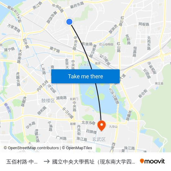 五佰村路·中央北路 to 國立中央大學舊址（现东南大学四牌楼校区） map