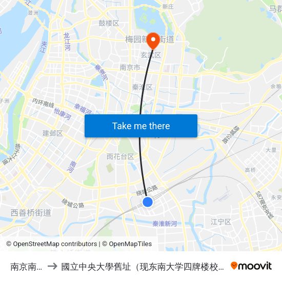 南京南站 to 國立中央大學舊址（现东南大学四牌楼校区） map