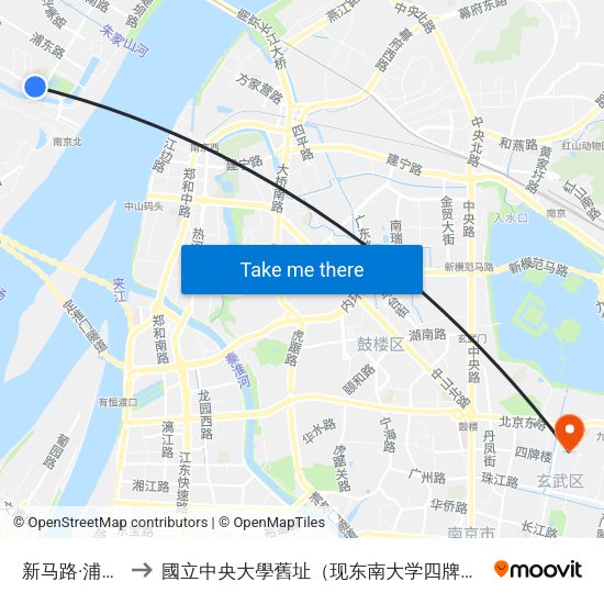 新马路·浦园路 to 國立中央大學舊址（现东南大学四牌楼校区） map