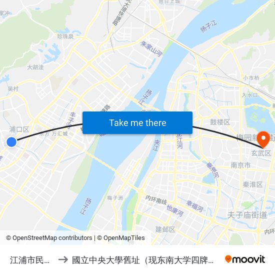 江浦市民广场 to 國立中央大學舊址（现东南大学四牌楼校区） map