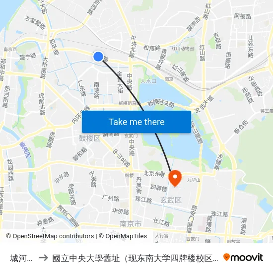 城河村 to 國立中央大學舊址（现东南大学四牌楼校区） map