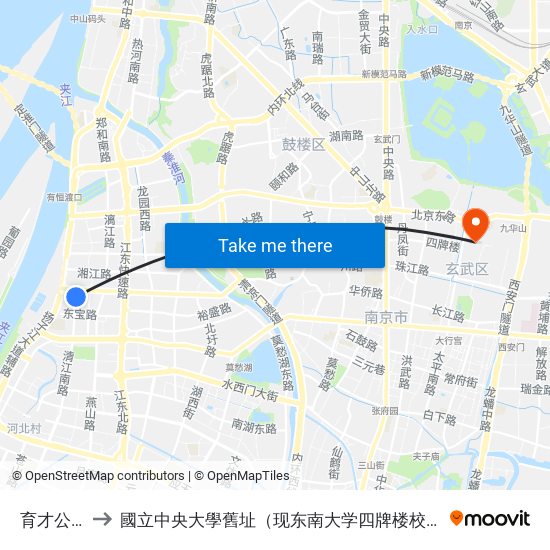 育才公寓 to 國立中央大學舊址（现东南大学四牌楼校区） map