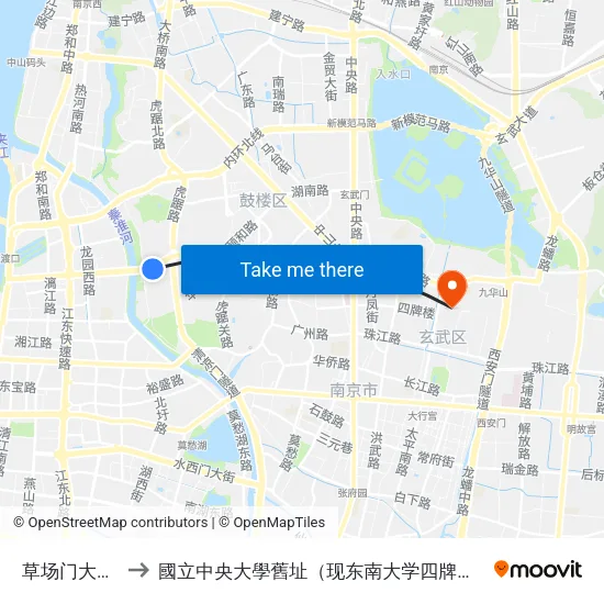 草场门大桥东 to 國立中央大學舊址（现东南大学四牌楼校区） map