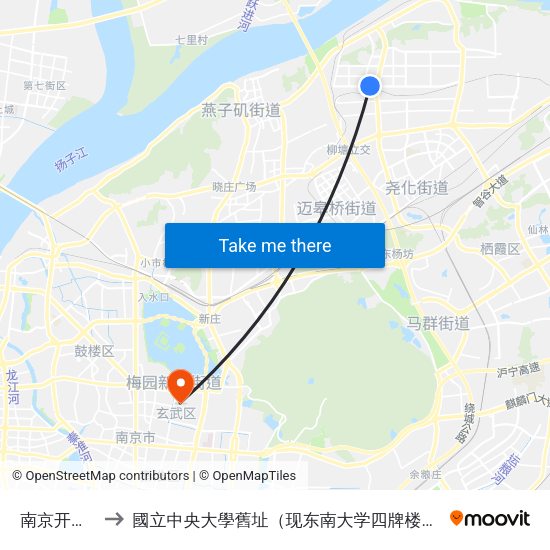 南京开发区 to 國立中央大學舊址（现东南大学四牌楼校区） map