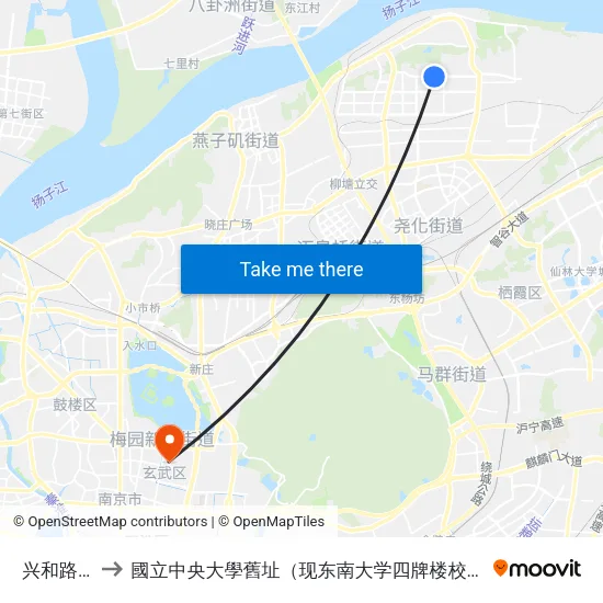 兴和路北 to 國立中央大學舊址（现东南大学四牌楼校区） map
