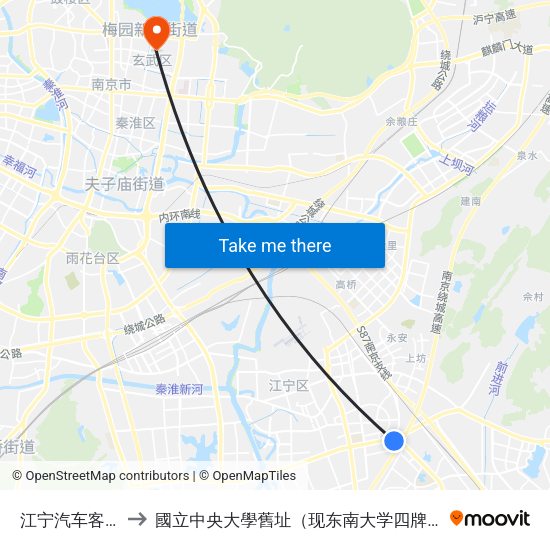 江宁汽车客运站 to 國立中央大學舊址（现东南大学四牌楼校区） map