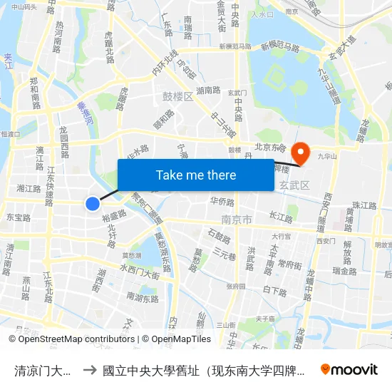 清凉门大桥西 to 國立中央大學舊址（现东南大学四牌楼校区） map