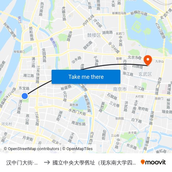 汉中门大街·清江路 to 國立中央大學舊址（现东南大学四牌楼校区） map