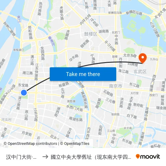 汉中门大街·清江路 to 國立中央大學舊址（现东南大学四牌楼校区） map