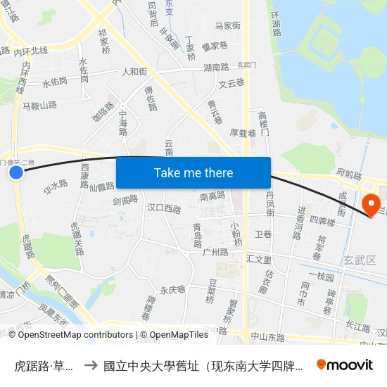 虎踞路·草场门 to 國立中央大學舊址（现东南大学四牌楼校区） map