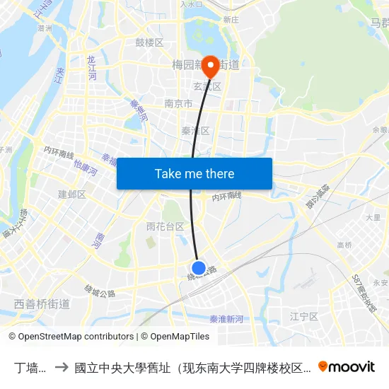 丁墙路 to 國立中央大學舊址（现东南大学四牌楼校区） map