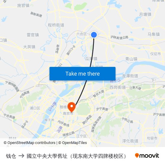 钱仓 to 國立中央大學舊址（现东南大学四牌楼校区） map