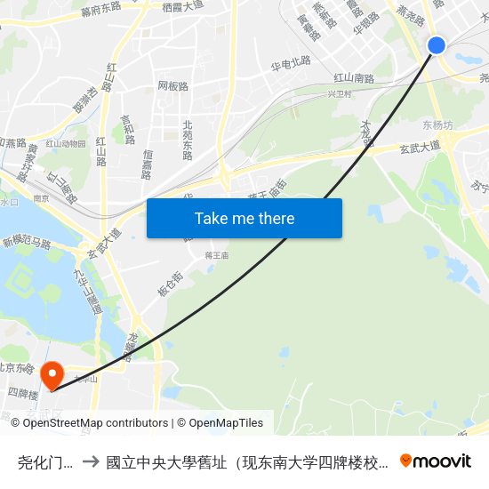 尧化门西 to 國立中央大學舊址（现东南大学四牌楼校区） map