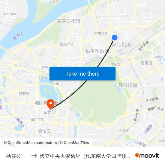 栖霞公园路 to 國立中央大學舊址（现东南大学四牌楼校区） map