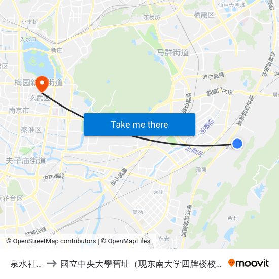 泉水社区 to 國立中央大學舊址（现东南大学四牌楼校区） map